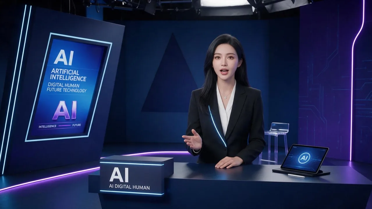 AI 数字人主播在科技感演播室中播报