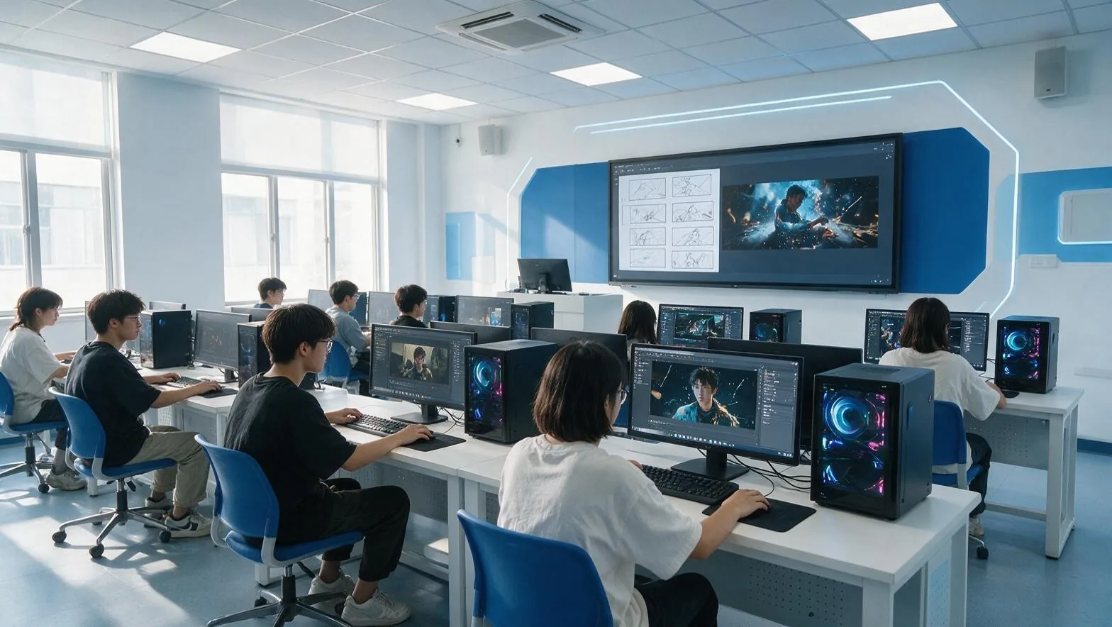 学员在 AIGC 实训室中使用高性能工作站进行 AI 内容创作
